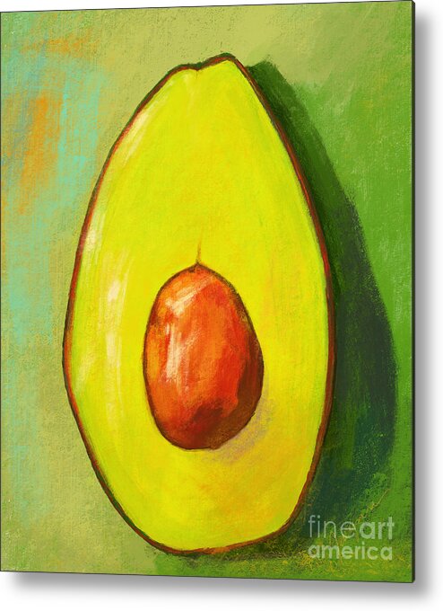 Green Avocado Metal Print featuring the painting Avocado Half with Seed Kitchen Decor with Green Background by Patricia Awapara