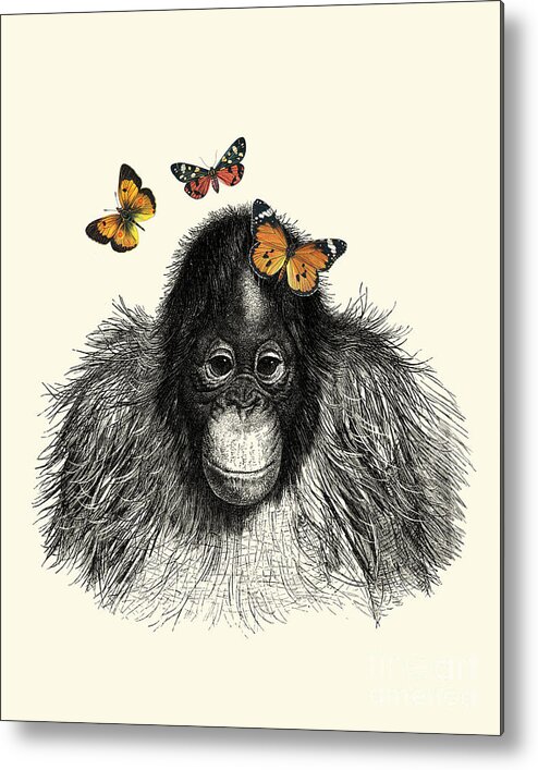 Monkey Metal Print featuring the digital art Baby monkey with orange butterflies by Madame Memento