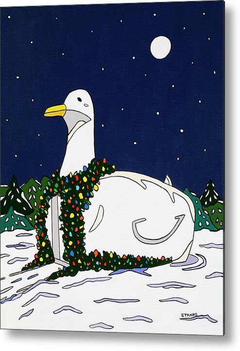 Bigduck Duck Christmas Snow Flanders Longisland Metal Print featuring the painting Big Duck at Christmas by Mike Stanko