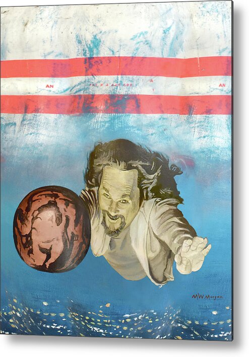 Big Metal Print featuring the painting Big Lebowski On Bowling Pin Print 3 by Michael Morgan