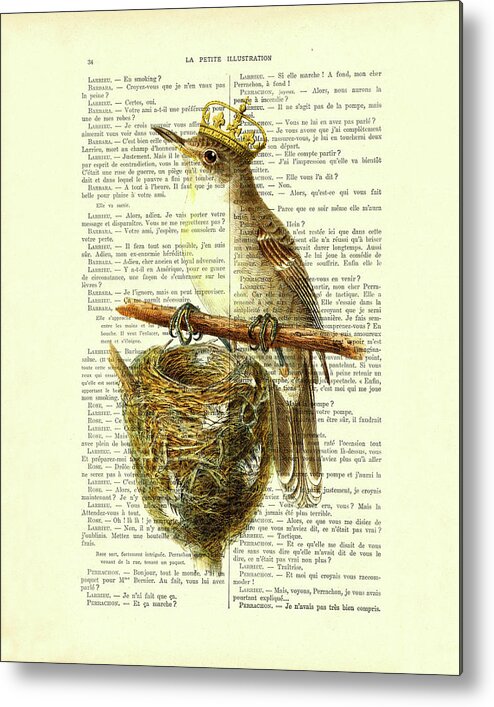 Bird Metal Print featuring the digital art Bird with golden crown and bird's nest art by Madame Memento