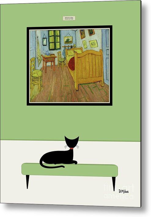 Cat At Museum Metal Print featuring the digital art Black Cat Admires Van Gogh Bedroom by Donna Mibus