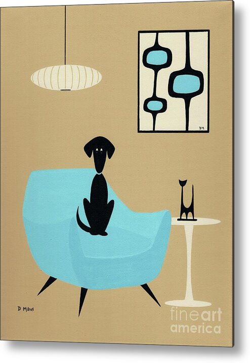 Mid Century Modern Black Dog Metal Print featuring the painting Black Dog in Blue Henry Glass Chair by Donna Mibus
