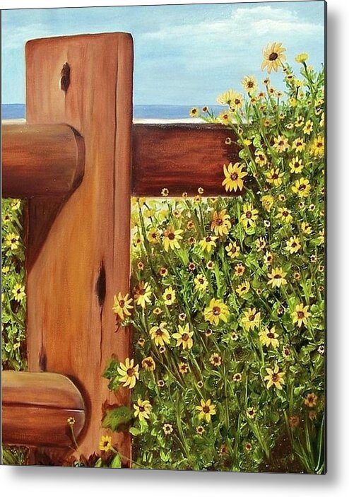 Fence Post Metal Print featuring the painting Black-eyed Susans Beached by Susan Dehlinger