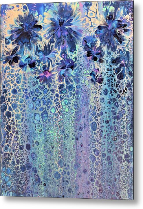 Wall Art Wall Décor Abstract Blue Silver And Blue Art For Sale Acrylic Painting Abstract Painting Flowers Abstract Flowers Blue Flowers Gift Idea Perfect Print Waterfall Of Flowers And Jewels Metal Print featuring the painting Waterfall of flowers and jewels by Tanya Harr