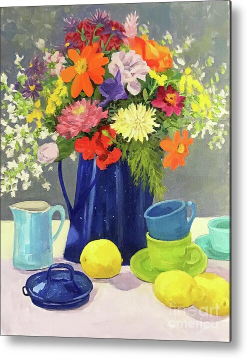 Blue Metal Print featuring the painting Blue Coffeepot Bouquet by Anne Marie Brown
