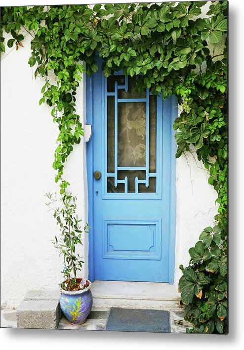 Greece Metal Print featuring the photograph Blue Door and Vine by Lupen Grainne