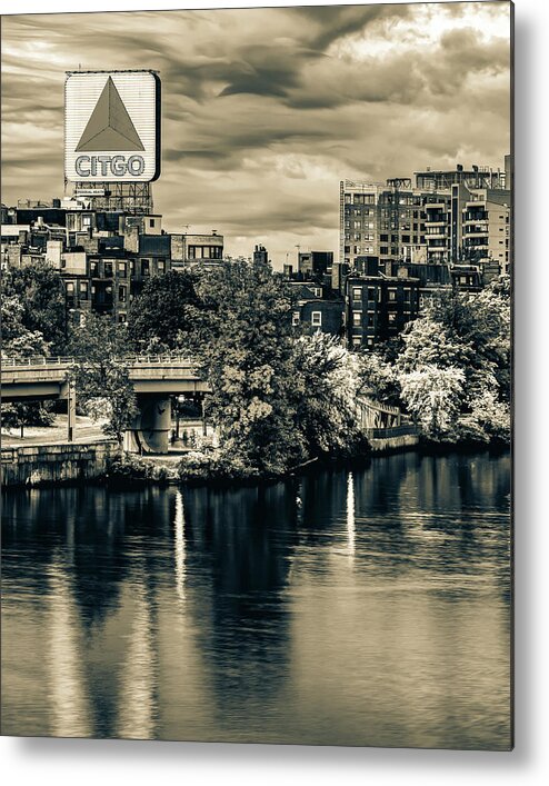 Citgo Sign Metal Print featuring the photograph Boston Citgo Sign Over Kenmore Square and Charles River - Sepia Edition by Gregory Ballos