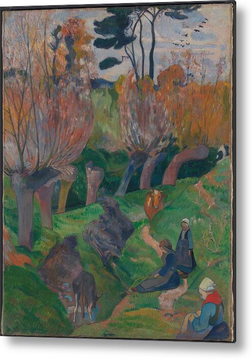 Vintage Metal Print featuring the painting Brittany Landscape with Women and Cows, 1889 by Paul Gauguin 1848 1903 by MotionAge Designs