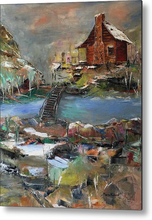 Cabin Metal Print featuring the painting Cabin by the river by Maria Karlosak