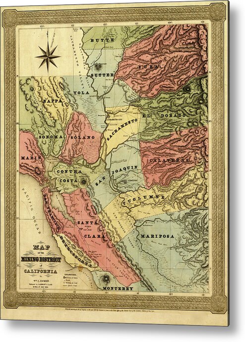 California Metal Print featuring the drawing California Mining District 1851 by Vintage Maps