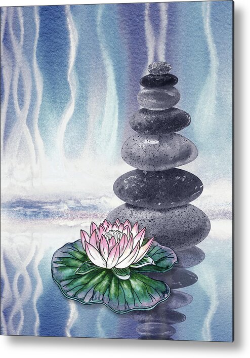 Zen Rocks Metal Print featuring the painting Calm Peaceful Relaxing Zen Rocks Cairn With Flower Meditative Spa Collection Watercolor Art VIII by Irina Sztukowski
