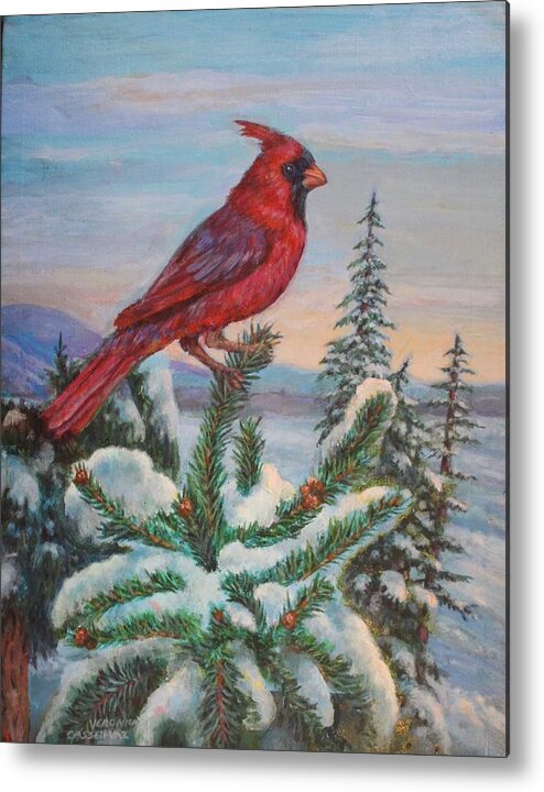 Snow Scene Metal Print featuring the painting Cardinal Bird by Veronica Cassell vaz