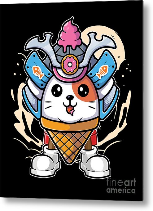 Japan Metal Print featuring the digital art Cat Ice Cream Japan Kawaii Katana Sword Samurai Gift by Thomas Larch