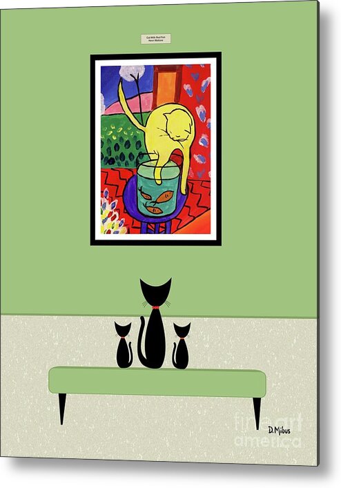 Mid Century Cat Metal Print featuring the digital art Cats Admire Matisse Fish Painting by Donna Mibus