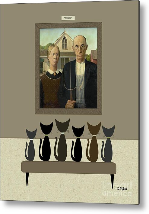 Grant Wood Metal Print featuring the digital art Cats Contemplate American Gothic by Donna Mibus