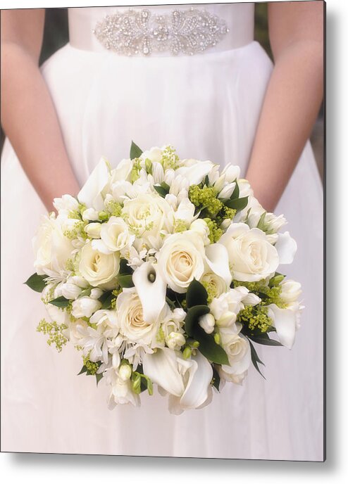 Ruscus Metal Print featuring the photograph Caucasian bride holding bouquet of white flowers by Jacobs Stock Photography Ltd