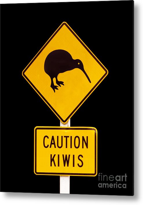 New Zealand Metal Print featuring the photograph Caution kiwis road sign by Delphimages Photo Creations