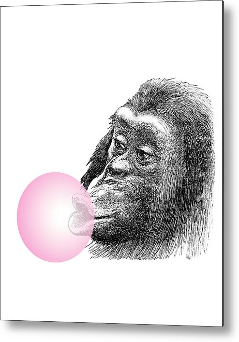 Chimpanzee Metal Print featuring the digital art Chimpanzee with pink bubblegum by Madame Memento