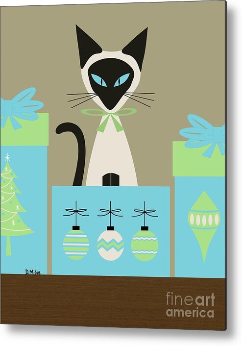 Mid Century Cat Metal Print featuring the digital art Christmas Siamese in Box by Donna Mibus