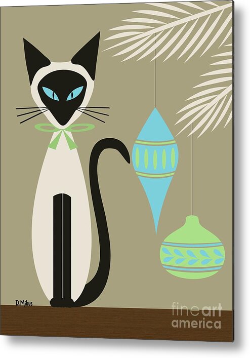 Mid Century Cat Metal Print featuring the digital art Christmas Siamese with Ornaments by Donna Mibus