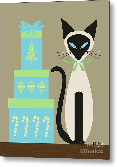 Mid Century Cat Metal Print featuring the digital art Christmas Siamese with Presents by Donna Mibus