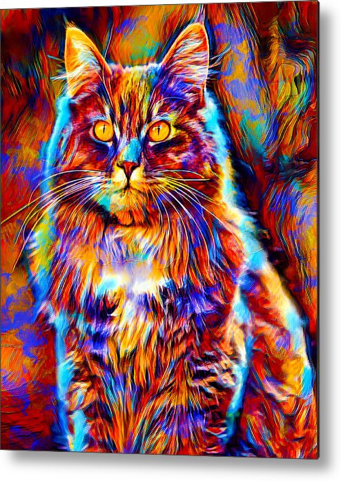 Maine Coon Metal Print featuring the digital art Colorful Maine Coon cat sitting - digital painting by Nicko Prints