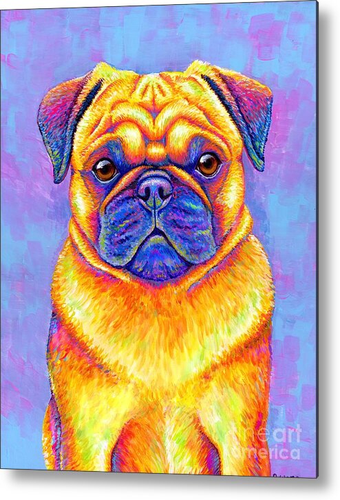 Pug Metal Print featuring the painting Colorful Rainbow Pug Dog Portrait by Rebecca Wang