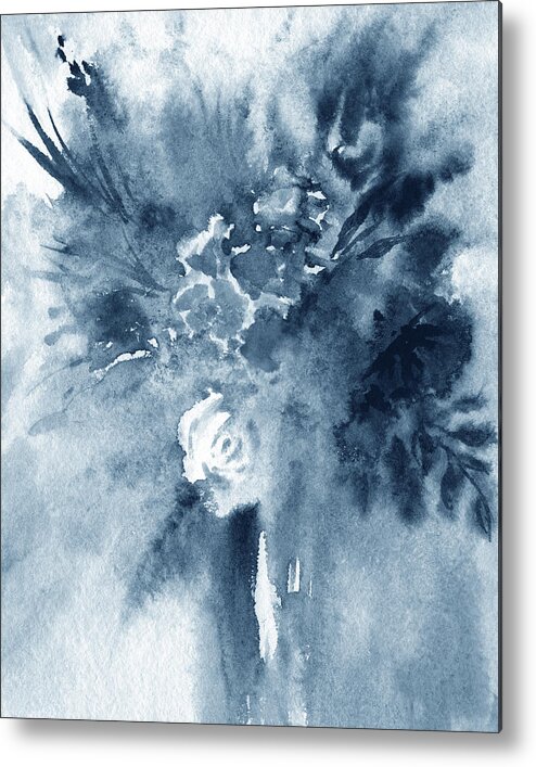 Abstract Flowers Metal Print featuring the painting Cool Monochrome Palette Abstract Flowers Watercolor Floral Splash III by Irina Sztukowski