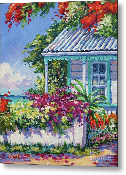 Poinciana Metal Print featuring the painting Cottage and Bougainvillea by John Clark