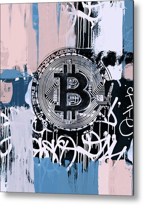 Blue Metal Print featuring the painting Crypto Currency Bitcoin Graffiti II by Irena Orlov