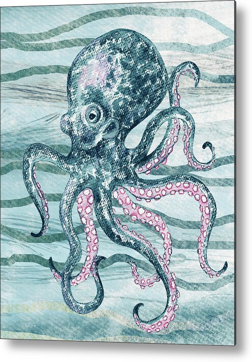 Octopus Metal Print featuring the painting Cute Teal Blue Watercolor Octopus On Calm Wave Beach Art by Irina Sztukowski