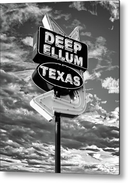 Deep Ellum Neon Metal Print featuring the photograph Dallas Texas Deep Ellum Neon Arrow Sign in BW Monochrome by Gregory Ballos
