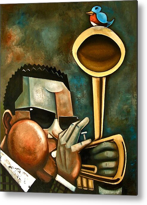 Dizzy Gillespie Charlie Parker Jazz Trumpet Portrait Blue Bird Metal Print featuring the painting Diz with Bird by Martel Chapman