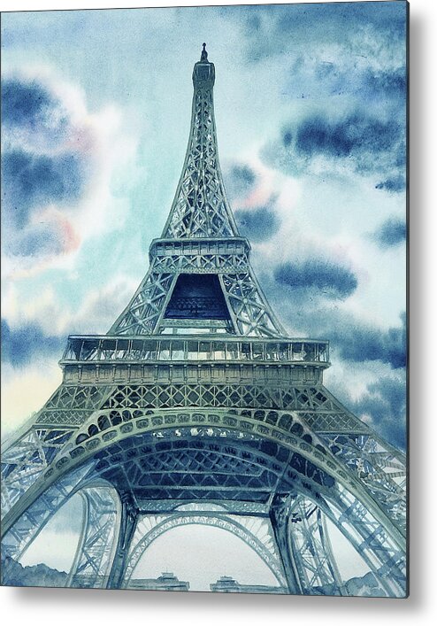 Eiffel Tower In Teal Blue Watercolor French Chic Decor Metal Print