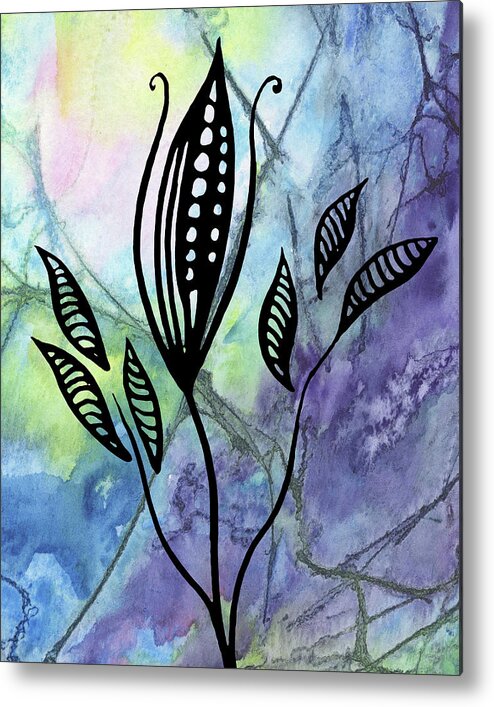 Floral Pattern Metal Print featuring the painting Elegant Pattern With Leaves In Blue And Purple Watercolor I by Irina Sztukowski