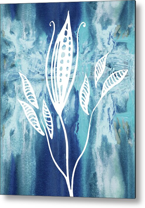 Floral Pattern Metal Print featuring the painting Elegant Pattern With Leaves In Teal Blue Watercolor I by Irina Sztukowski