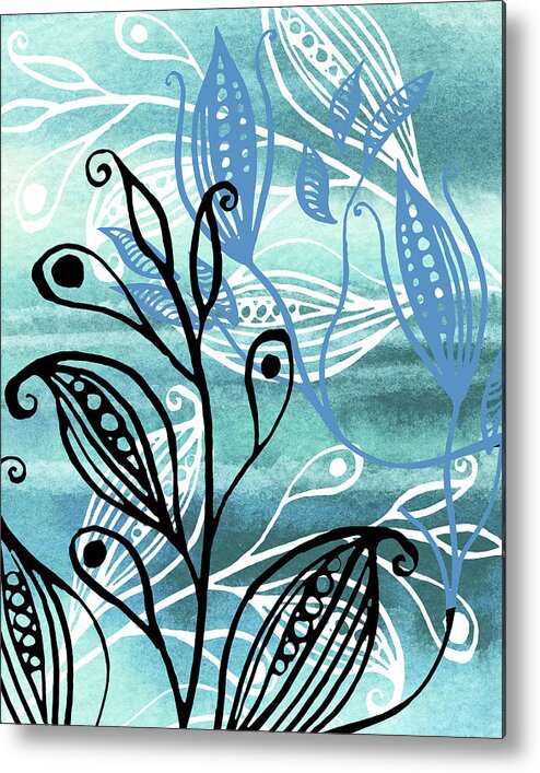 Pods Metal Print featuring the painting Elegant Pods And Seeds Pattern With Leaves Teal Blue Watercolor VI by Irina Sztukowski