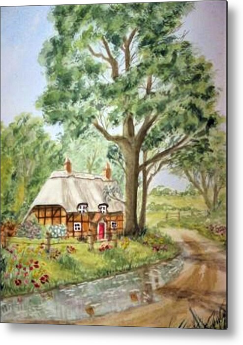 Cottage Metal Print featuring the painting English Thatched Roof Cottage by Kelly Mills