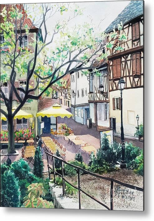 Colmar Metal Print featuring the painting European Outdoor Dining by Merana Cadorette