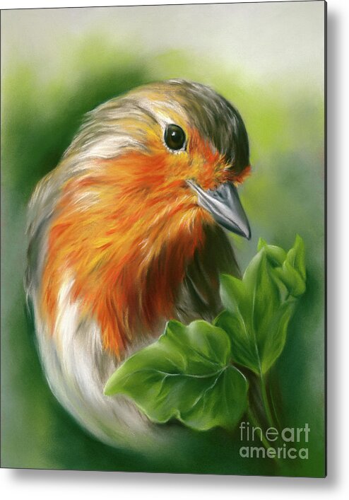 Bird Metal Print featuring the painting European Robin with Ivy Leaves by MM Anderson