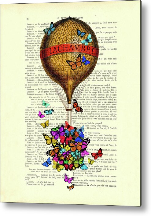 Yellow Balloon Metal Print featuring the digital art Fantasy hot air balloon with colorful butterflies by Madame Memento