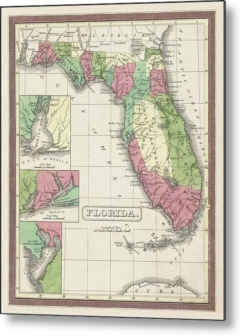 Florida Map Metal Print featuring the photograph Florida Vintage Map 1833 by Carol Japp