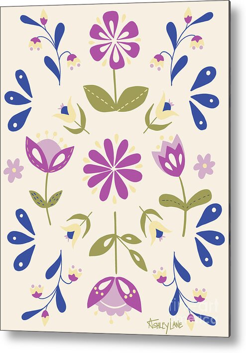 Folk Flowers Metal Print featuring the digital art Folk Flower Pattern in Beige and Purple by Ashley Lane