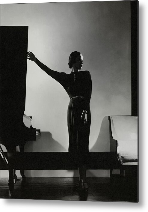 Black And White Metal Print featuring the photograph Frances Douelon Posing Beside a Piano by Edward Steichen