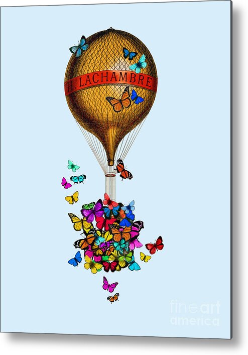 French Metal Print featuring the digital art French hot air balloon with rainbow butterflies basket by Madame Memento