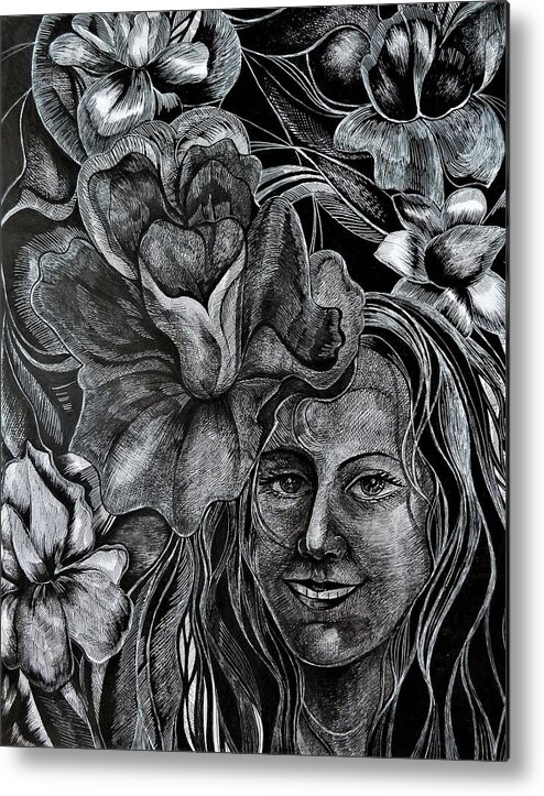 Black And White Metal Print featuring the drawing Garden. Night Iris by Anna Duyunova