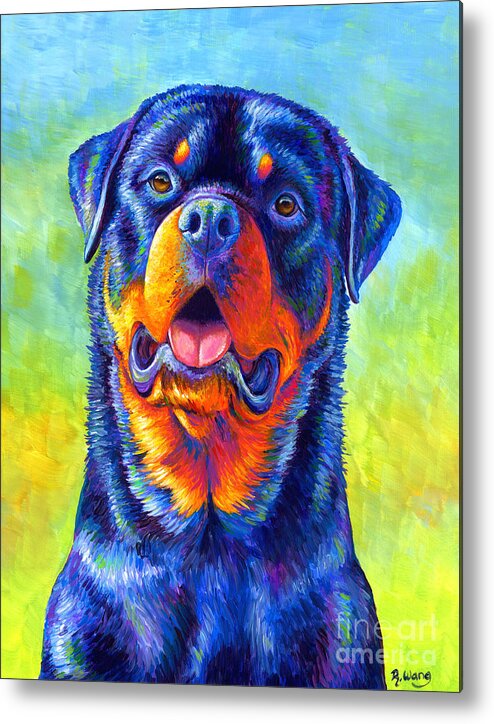 Rottweiler Metal Print featuring the painting Gentle Guardian Colorful Rottweiler Dog by Rebecca Wang