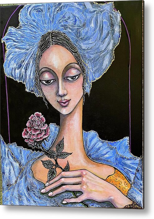 Original Art Metal Print featuring the painting Girl Holding Flower 2 by Rae Chichilnitsky