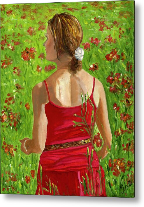 Woman Metal Print featuring the painting Girl in Poppy Field by Juliette Becker